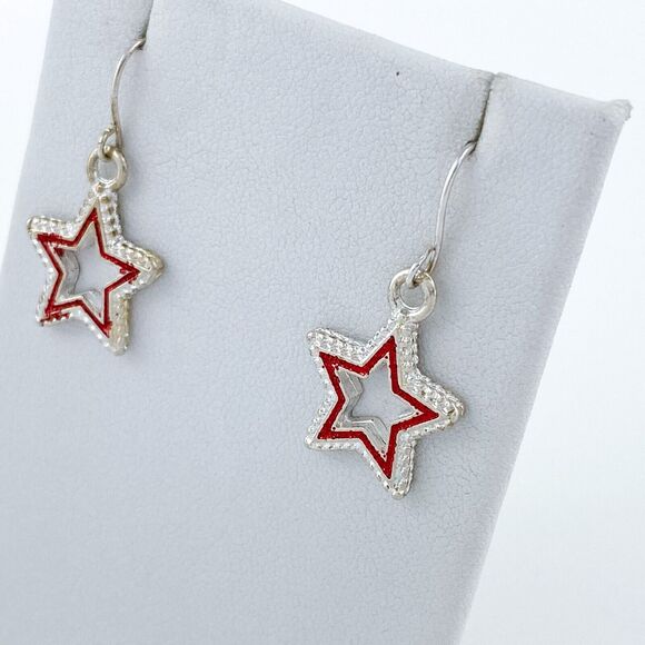 Silver Tone Red Framed Star Dangle Fishhook Earrings - Picture 7 of 9